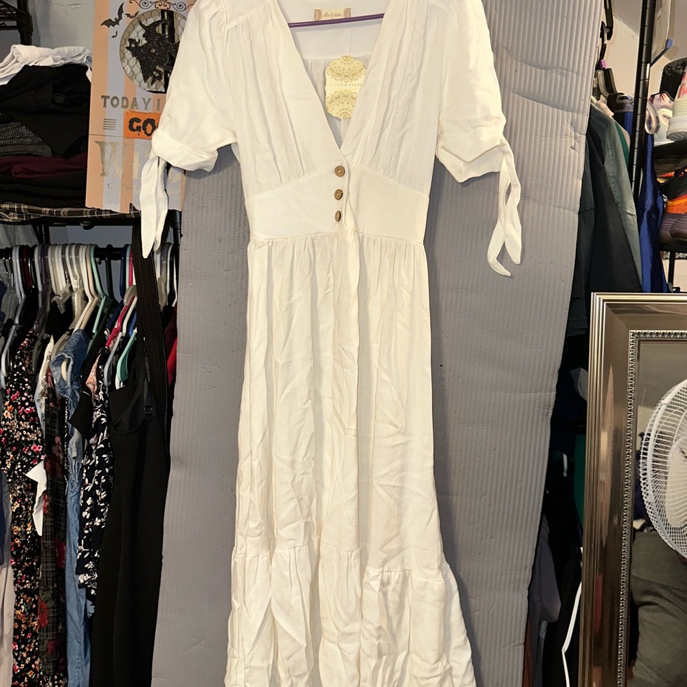 Altar'd State Cream Midi Dress V-Neck Short Sleeve